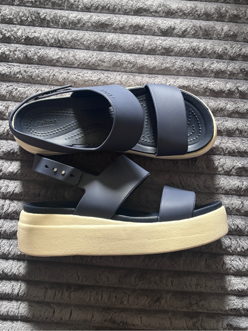 CROCS Navy Platform Slide Sandals with Cream Sole